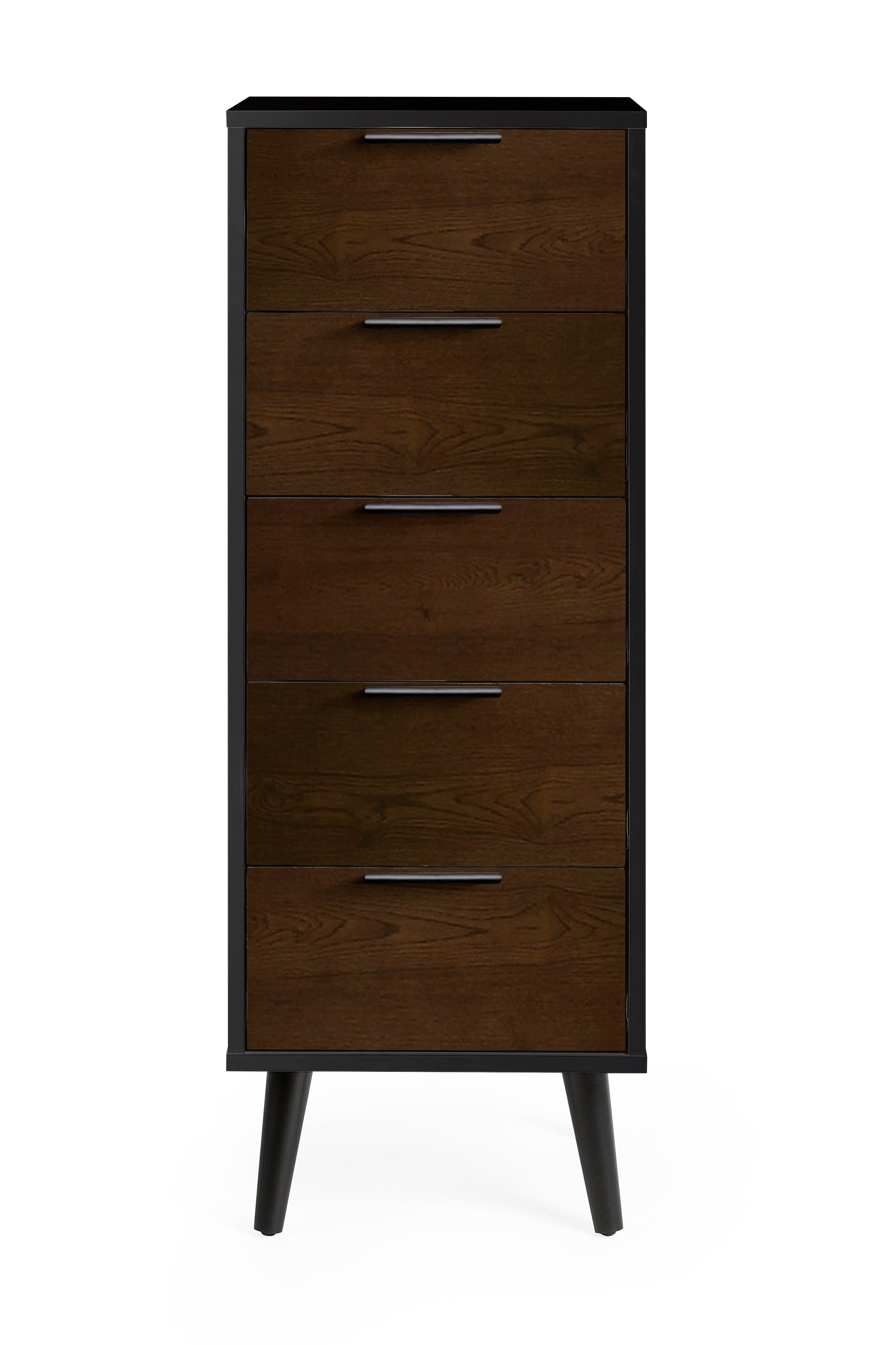 Julian Bowen Chest Of Drawers Alba 5 Drawer Narrow Chest - Walnut/Black Bed Kings