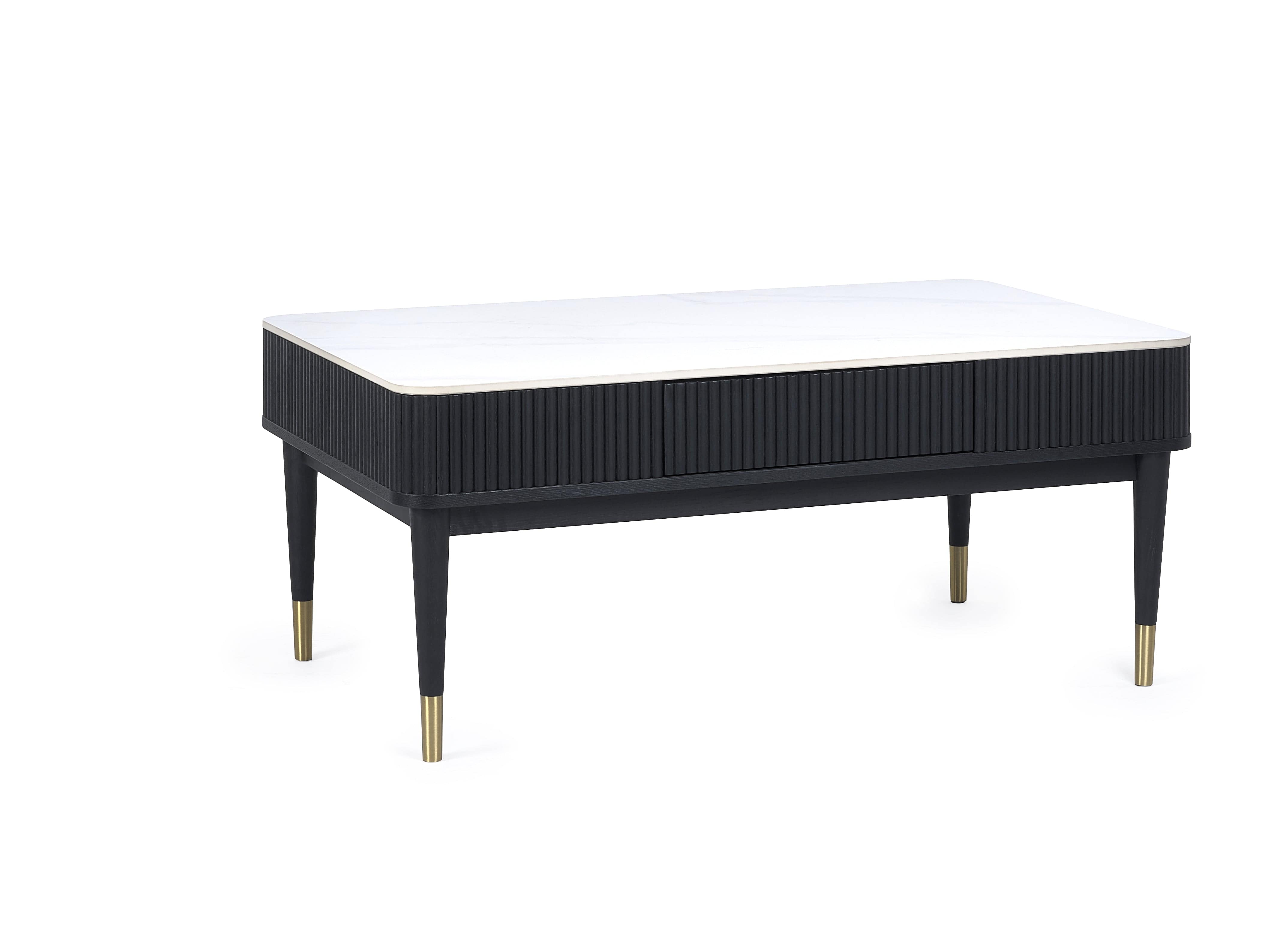 Julian Bowen Coffee Table Louis Fluted Stone Top Coffee Table With 2 Drawers - Black Bed Kings
