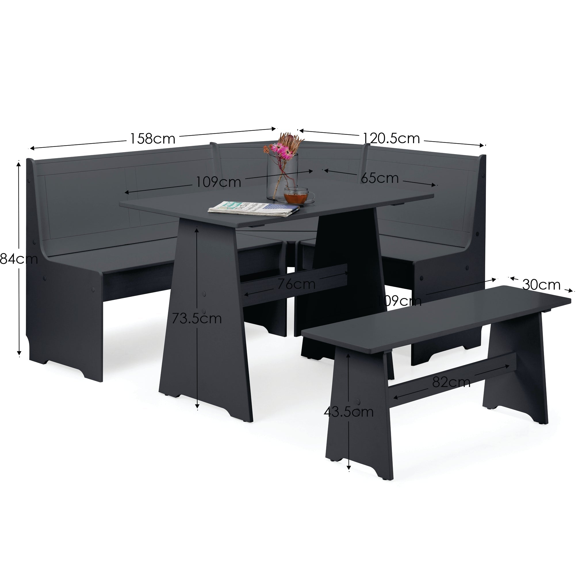 Newport Corner Dining Set With Storage Bench - Anthracite