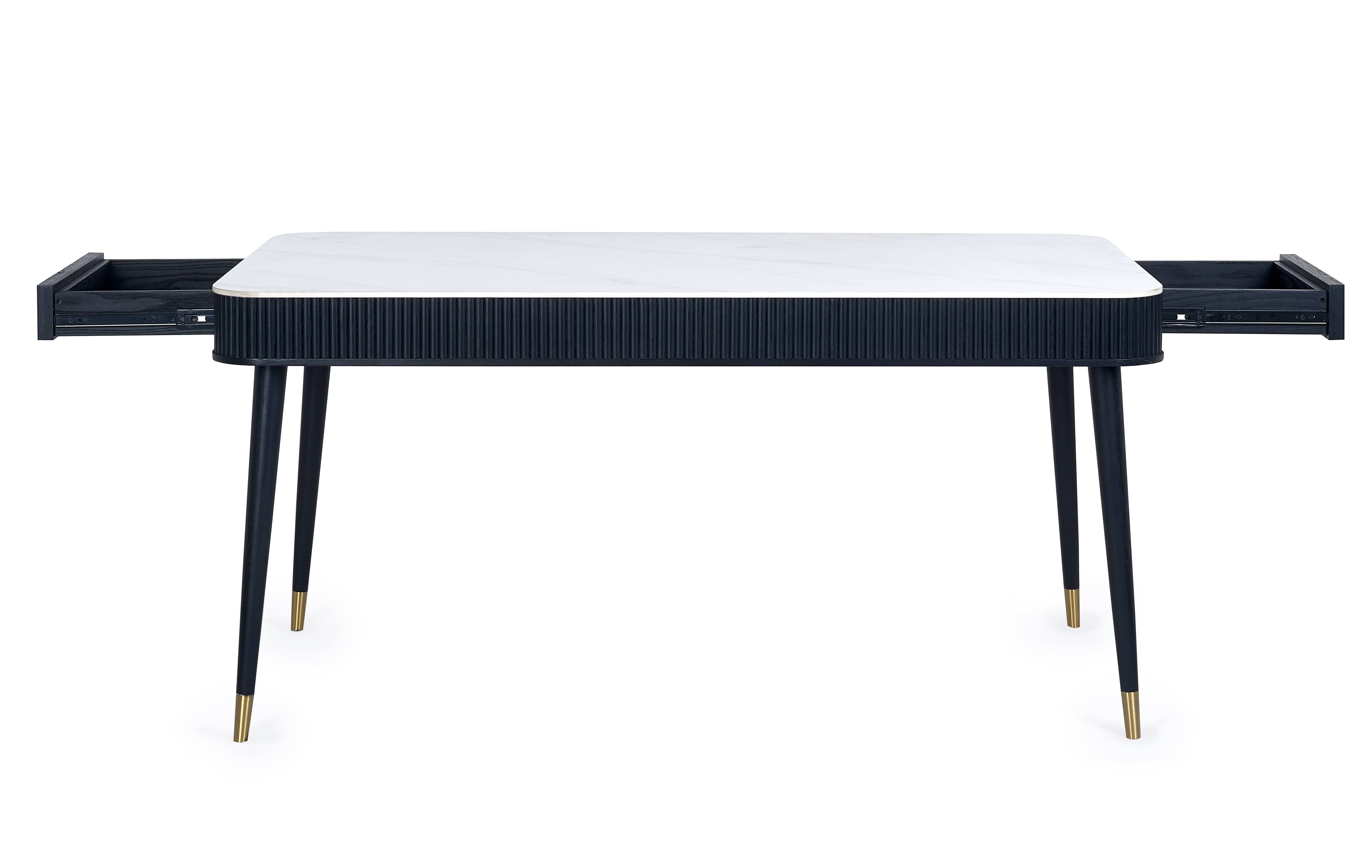 Julian Bowen Dining Table Louis Fluted Stone Top Dining Table With Drawers - Black Bed Kings