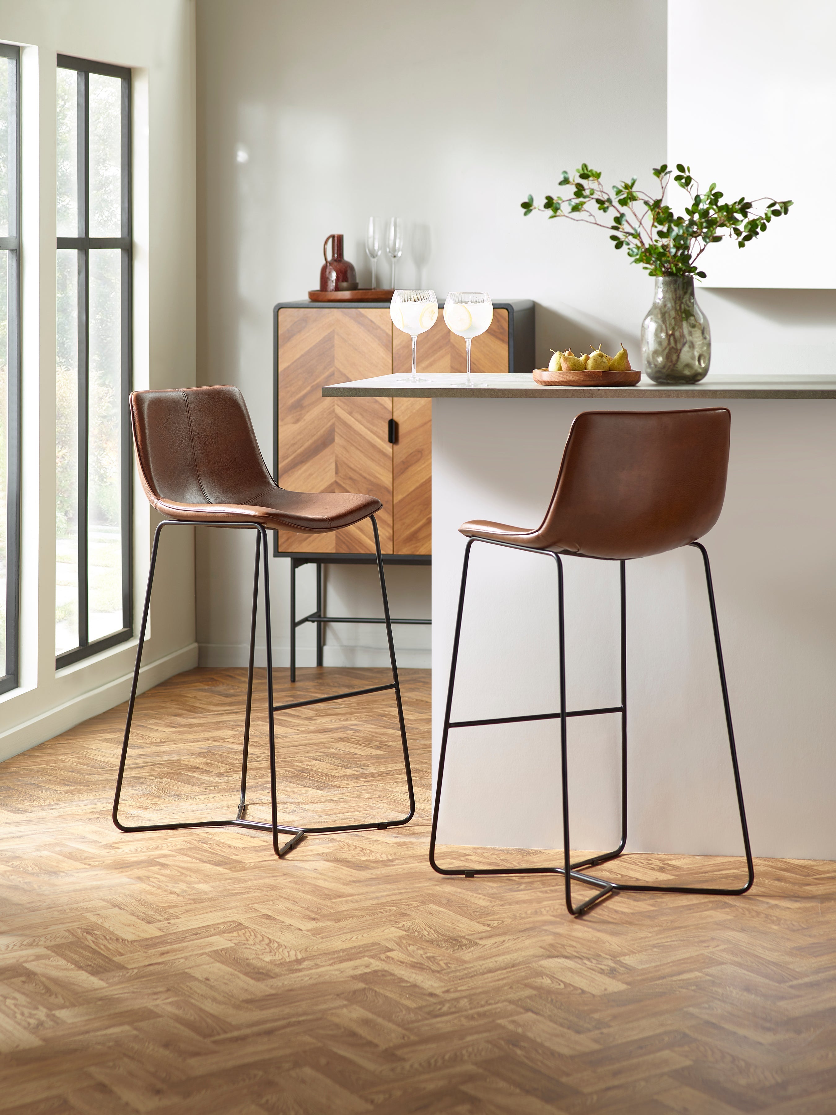 Joren Tan Brown PU Leather Bar Stools (Set of 2)