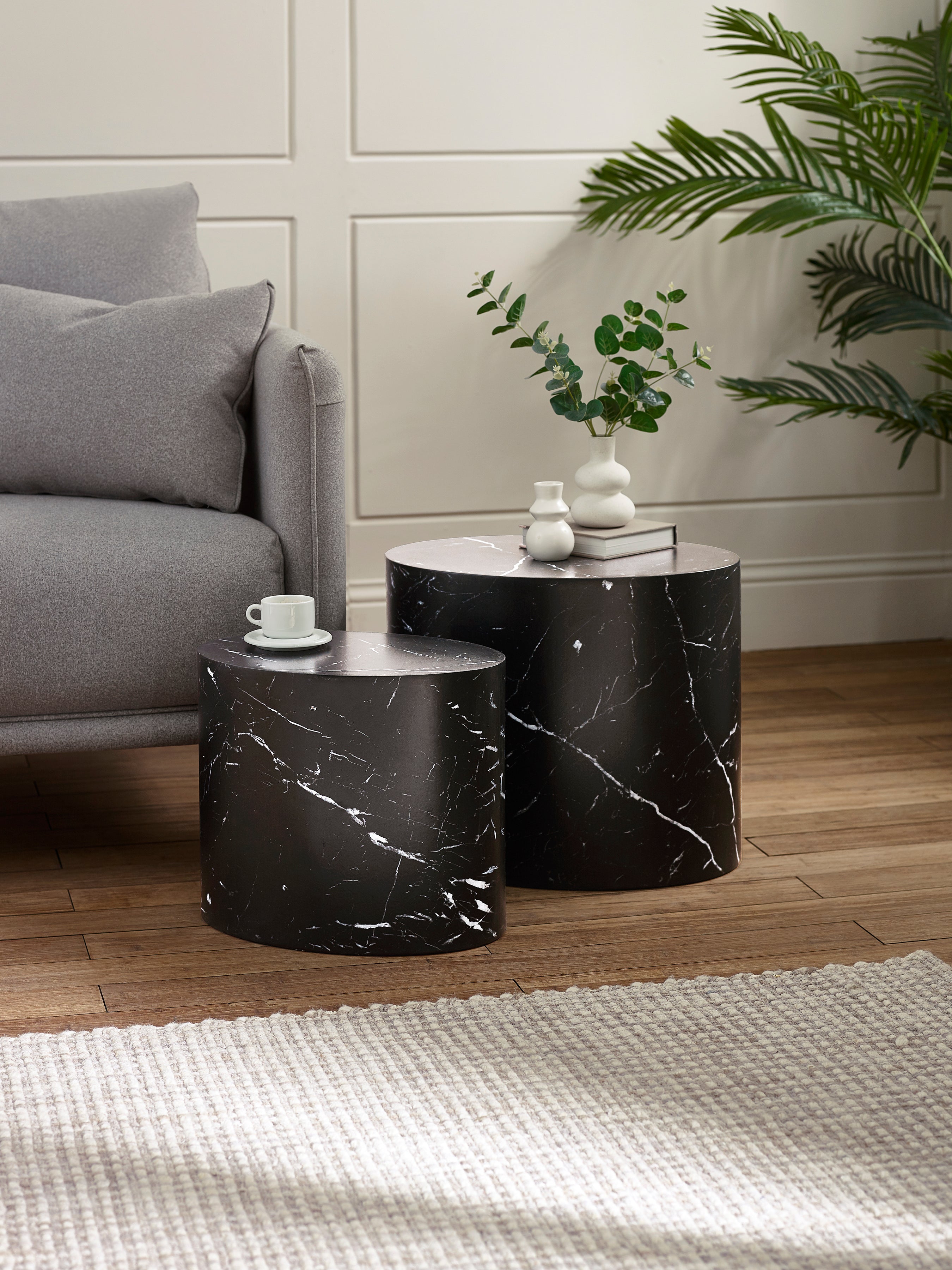 Toba Nest of 2 Black Marble Effect Tables