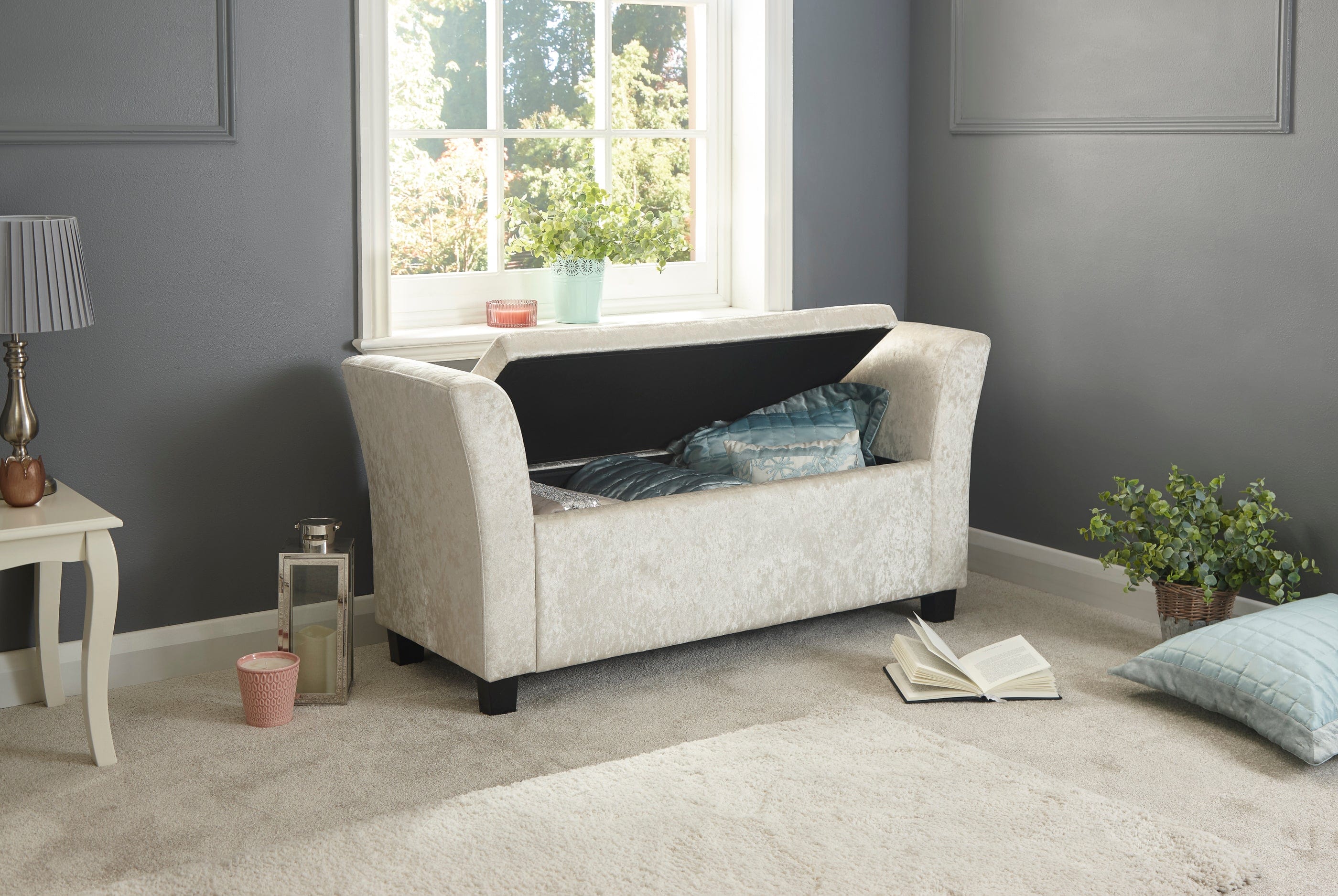 GFW Window Seat Verona Window Seat Oyster Crushed Velvet Bed Kings