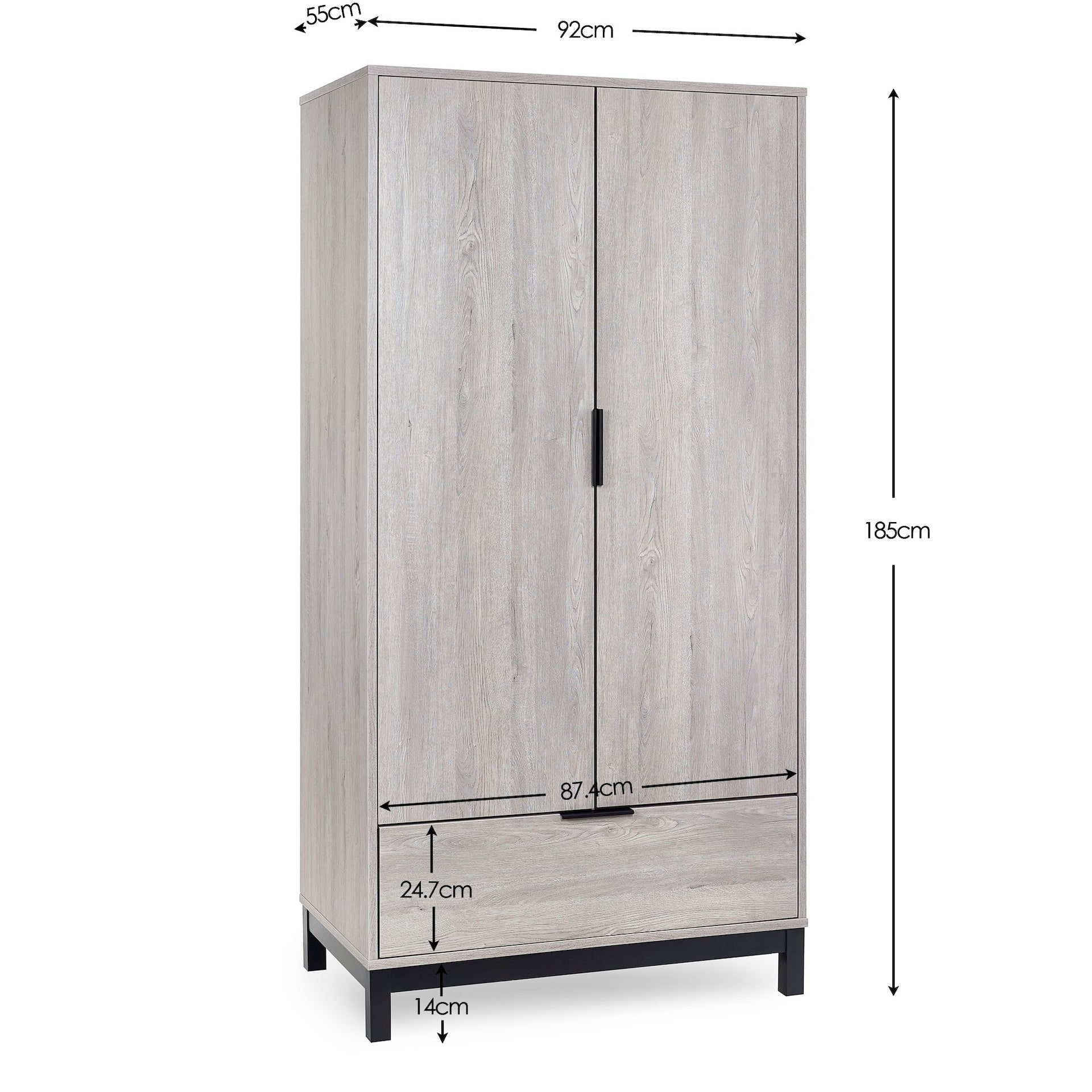 Bali 2 Door 1 Drawer Wardrobe - Grey Oak