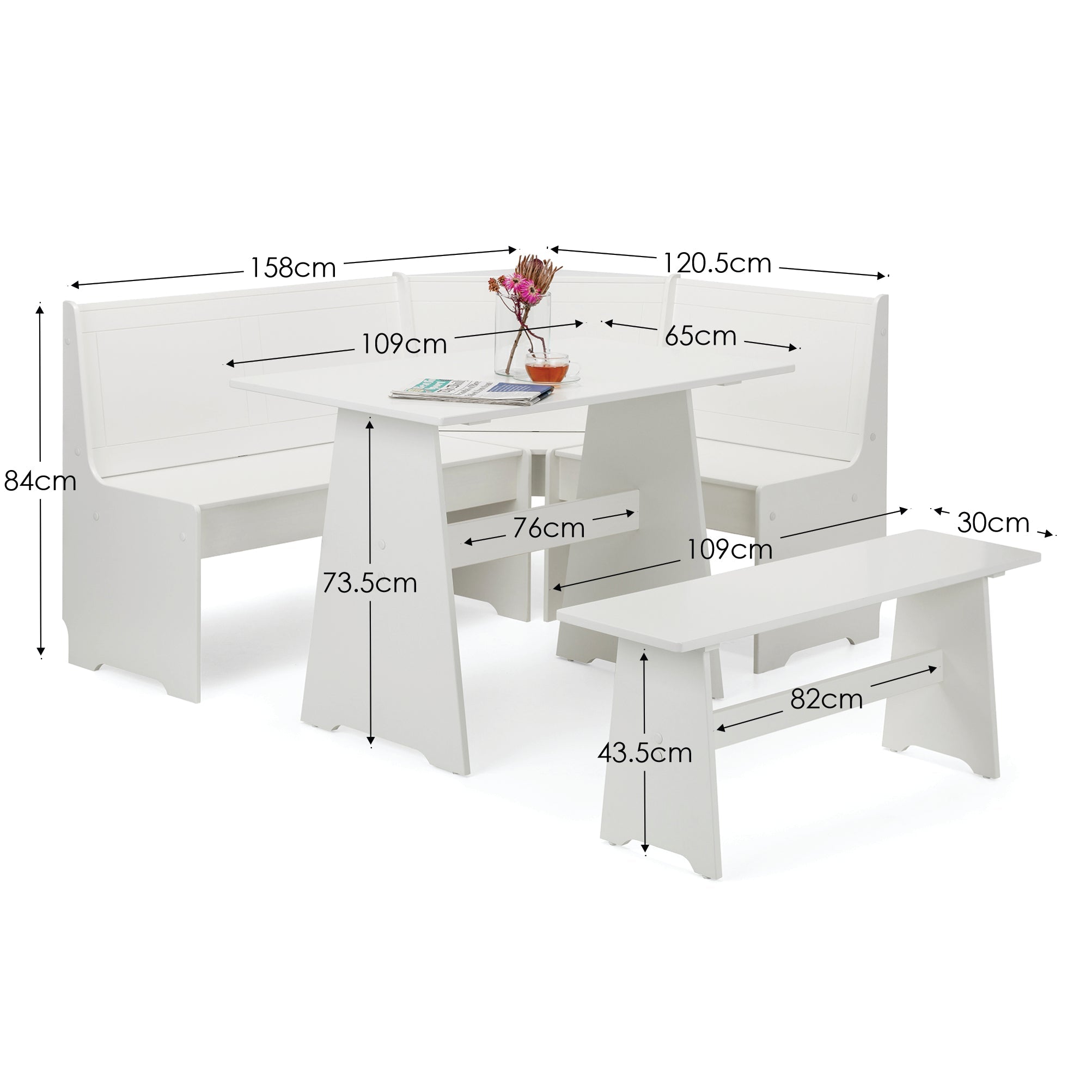 Newport Corner Dining Set With Storage Bench - Surf White